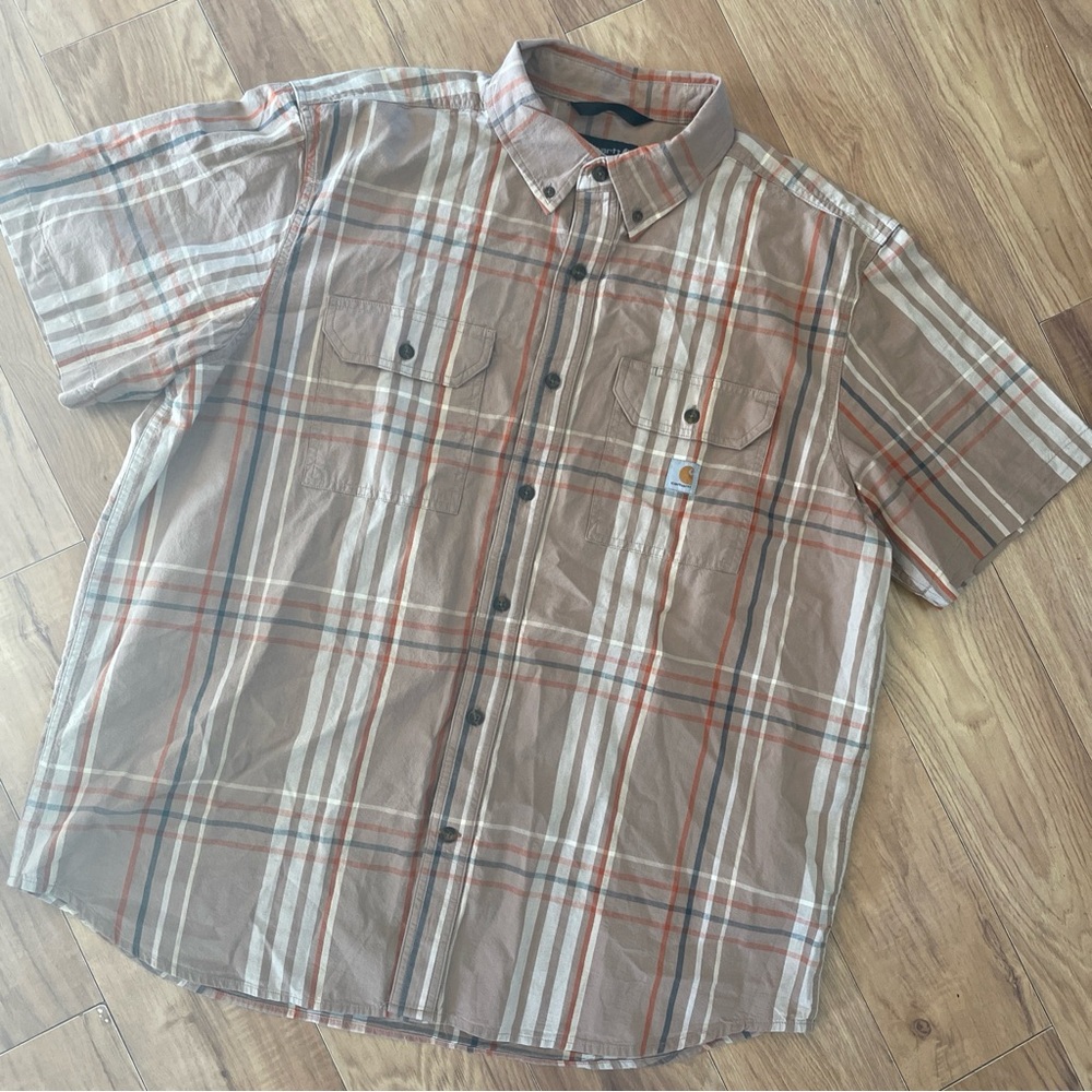 Carhartt Mens X-Large Loose Fit Short Sleeve Shirt-Tan Orange Plaid 100% Cotton